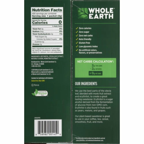 Whole Earth Sweetener, Plant-Based, Stevia Leaf & Monk Fruit, 400 Each 5 Whole Earth Sweetener, Plant-Based, Stevia Leaf & Monk Fruit, 400 Each - Image 3