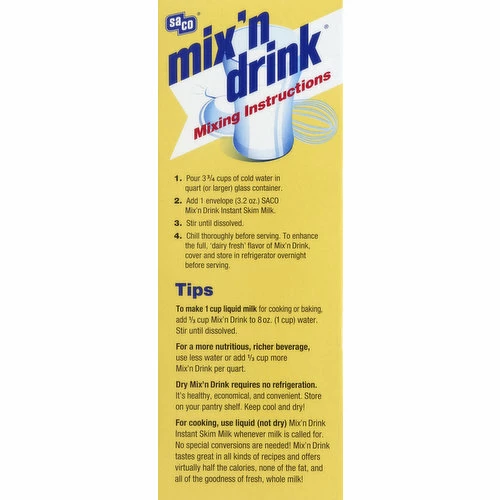 Saco Milk, Instant, Fat-Free Skim, 3 Each 3 Saco Milk, Instant, Fat-Free Skim, 3 Each